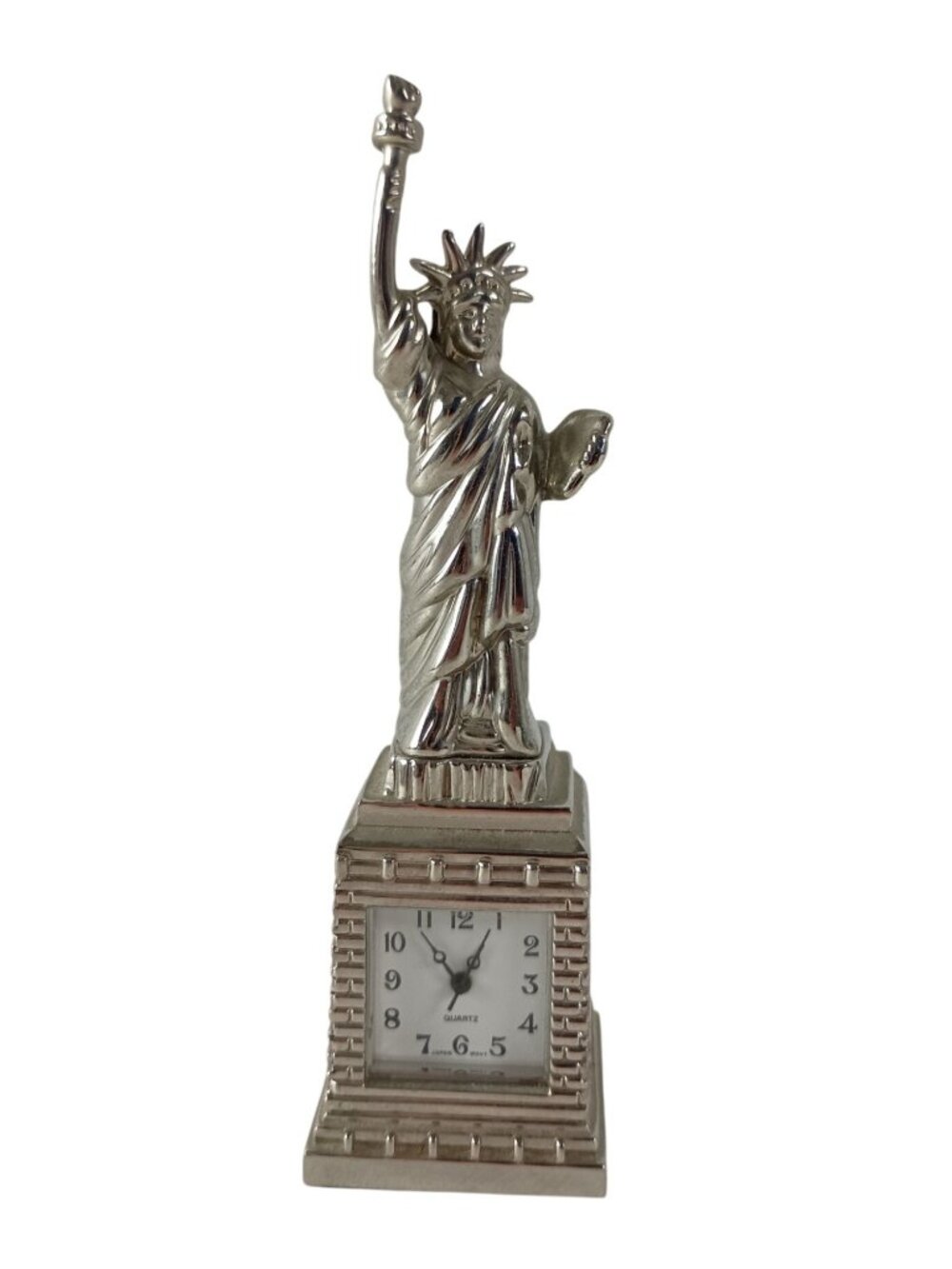 Statue Of Liberty Desk Mini Clock 4" Tall Japan Movement Quartz Silver Tone